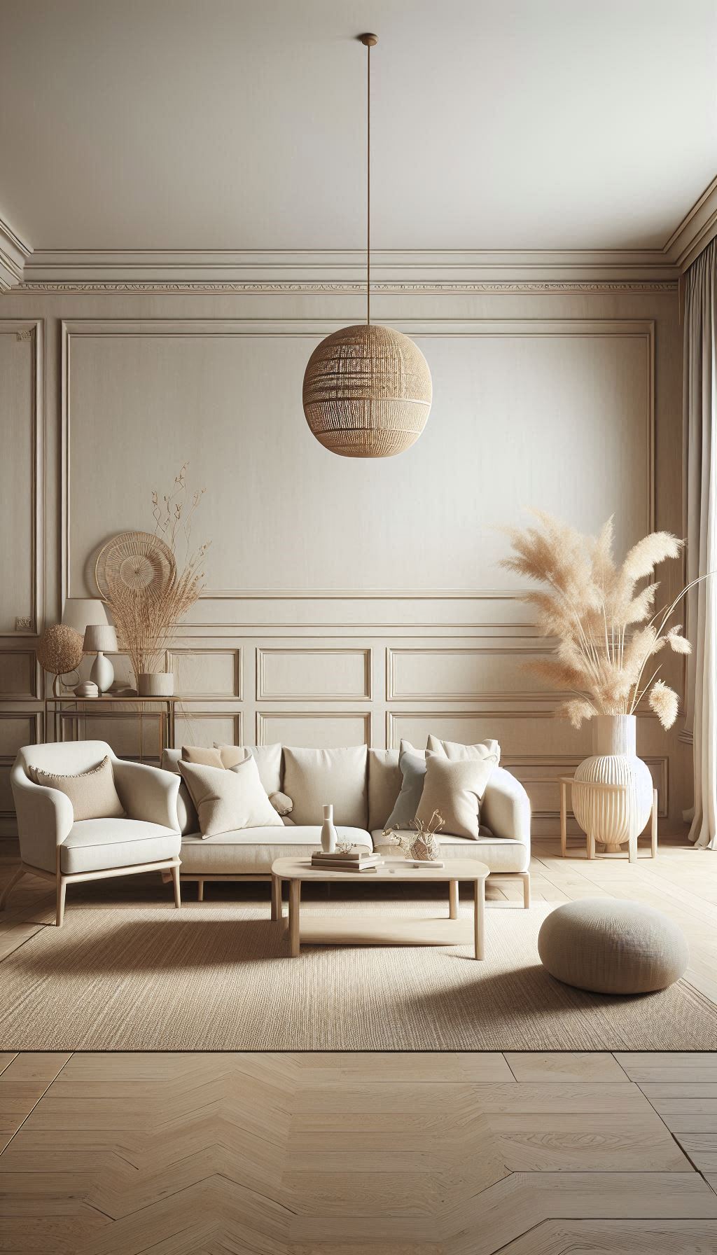 Aménagement intérieur haut de gamme dans un salon minimaliste beige rosé, décoration raffinée et mobilier naturel – image d’accueil Callizéor, contractant général.